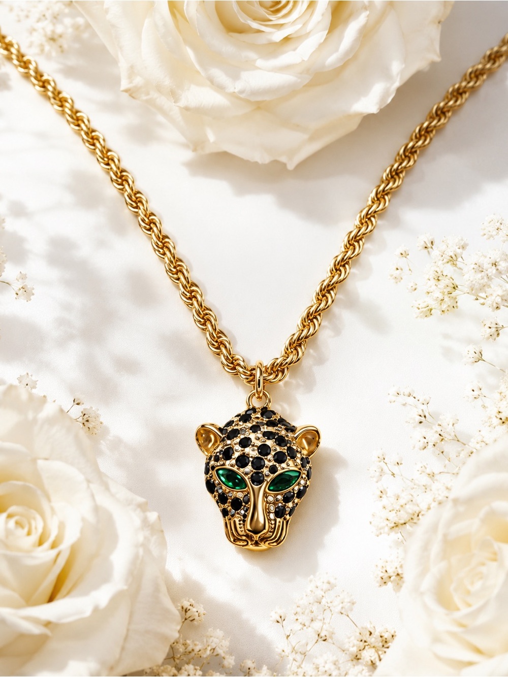 Gold Leopard Head Pendant Necklace with Black Stones and Green Eyes